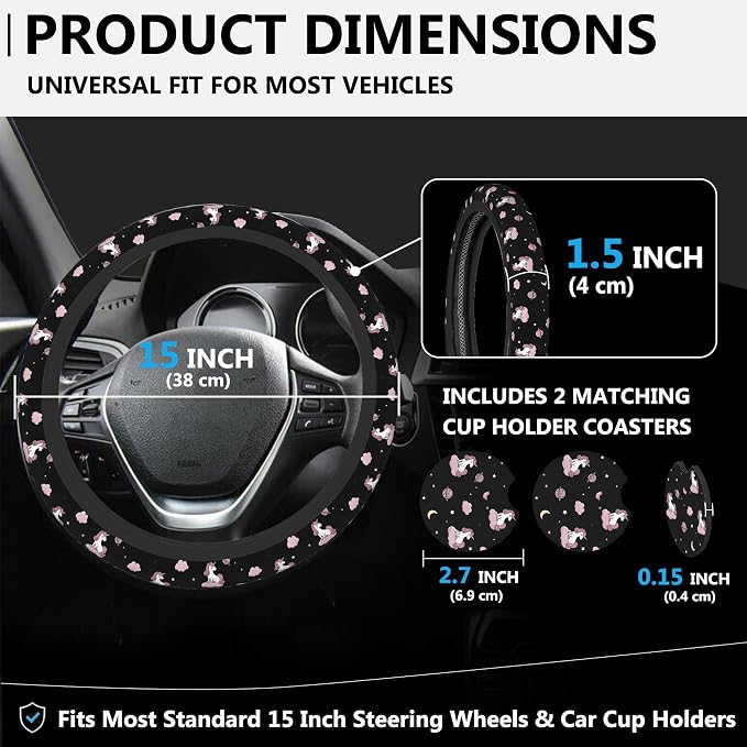 Cute Unicorn Steering Wheel Cover for Women, Anti-Slip Car Steering Wheel Cover with 2 Pcs Cup Holders Neoprene Breathable Car Accessories Universal 15 Inch Auto Interior Decor