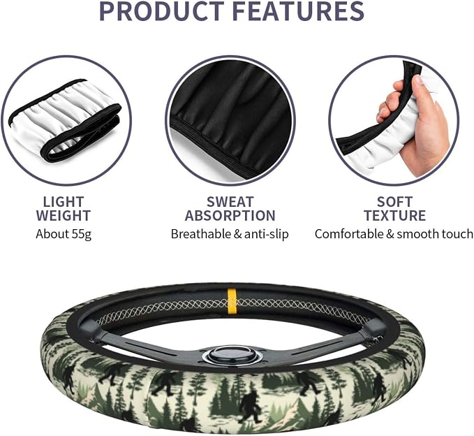 Bigfoot Forest Camping Mountains Retro Steering Wheel Cover Car Accessories Cute for Women Girls Girly Universal 15 Inch Neoprene Auto Interior Decor Anti Slip Car Truck Protector