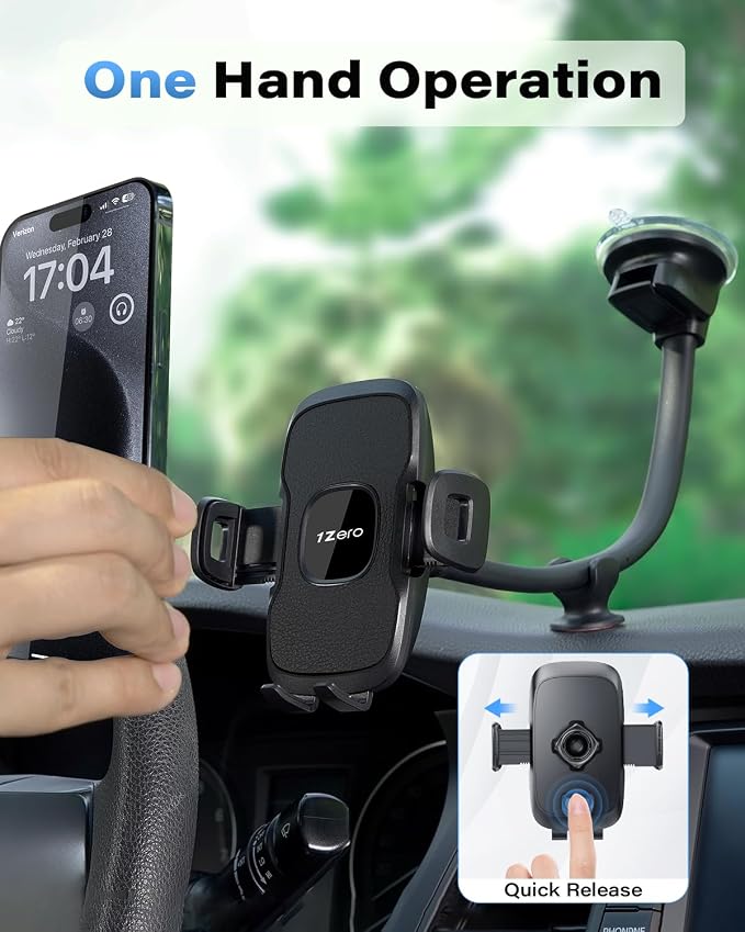 Solid Car Truck Phone Mount Holder with 14-Inch Gooseneck Long Arm, Windshield Window Mobile Holders w/Industrial-Strength Suction Cup, Anti-Shake Stabilizer Compatible All Cell Phones, Black