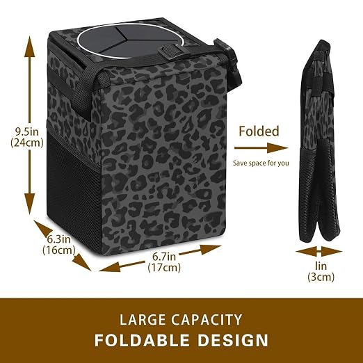 Black Leopard Car Trash Can, Waterproof Portable Mini Garbage Bin, Lightweight No-Install Waste Basket for Car Office Home, Cute Multifunctional Car Interior Accessory
