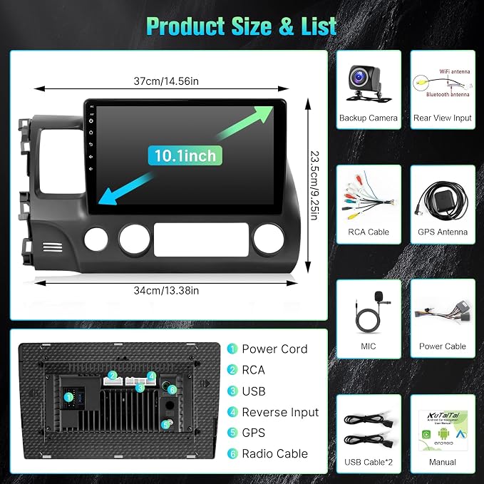 8-Core 4+64GB Upgrade Car Radio for Honda Civic 2006 2007 2008 2009 2010 2011 Stereo with Carplay Android Auto, 10.1" Touch Screen for Civic with GPS/WiFi/BT/FM/SWC + MIC + Backup Camera