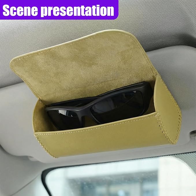 Sunglasses Holder for Car Sun Visor, Leather Car Sunglass Holder with Hidden Magnetic Closure, Clip On Glasses Case, Universal Storage Box Organizer Accessories (Beige)