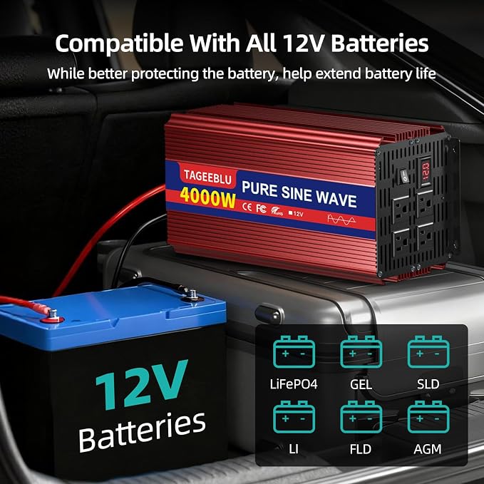 4000W Pure Sine Wave Power Inverter 12V DC to 110V 120V AC for Vehicles | Inverter for Car with 4 AC Outlets and LCD Display, 8000W Peak, Car Converter for Solar, RV, Truck, Home, Off-Grid, Camping