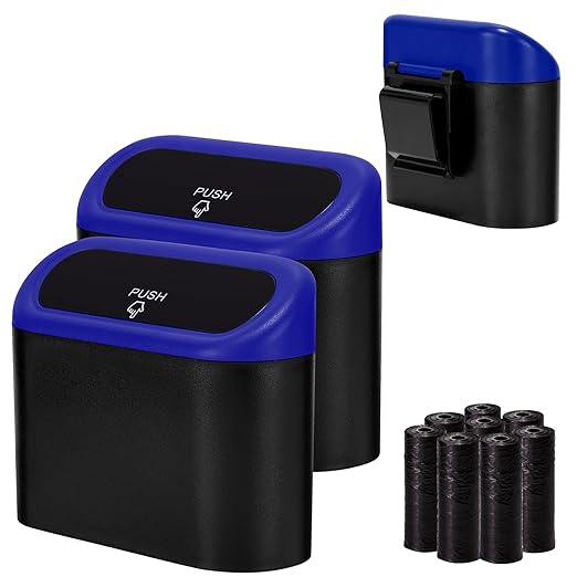 2 Pack Mini Car Trash Can with Lid, Small Car Garbage Can, Cute Leakproof ABS Car Trash Bin, Car Accessories for Interior, Garbage Bin for Car, Home, Office with 120pcs Trash Bags Black/Blue