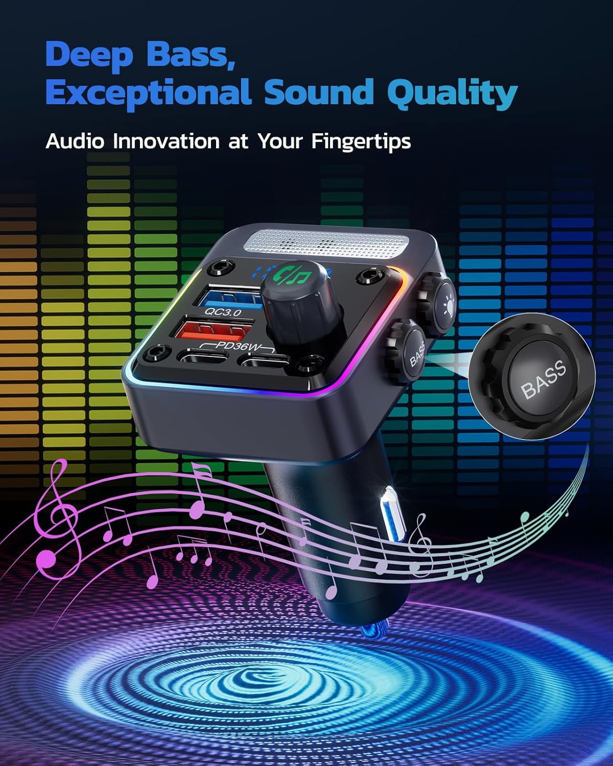 Bluetooth FM Transmitter — 54W Fast-Charge Car Audio Adapter