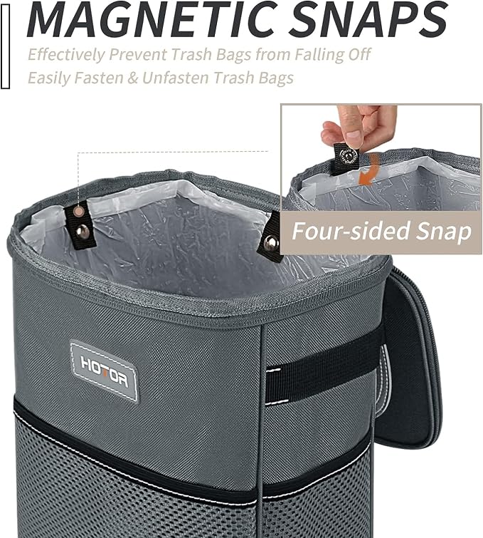 Car Trash Can, Multifunctional Car Accessory for Interior Car Stuff Storage with Compact Design, Waterproof Car Organizer and Storage with Adjustable Straps, Magnetic Snaps, 2 Gallons, Gray