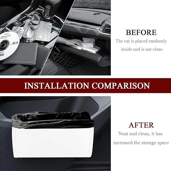 Car Trash Can, Leather Waterproof Automotive Garbage Can with Trash Bag, Hanging Mini Vehicle Trash Bin, Small Auto Door Organizer Storage Pouch, Universal Car Accessories (White)
