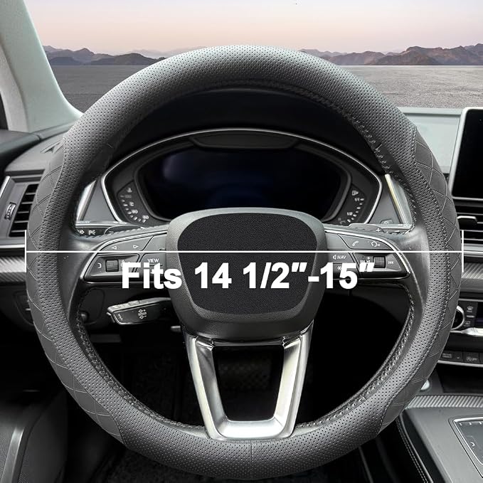 Nappa Leather Steering Wheel Cover, Elegant Diamond Checkered Design, Non-Slip wear-Resistant, Enhance Driving Comfort, Suitable for Steering Wheel Diameter 14 1/2‘-15’ Models.Black
