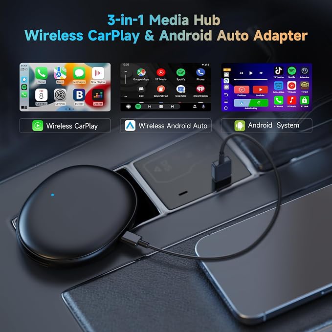 AD5 AI Box Wireless CarPlay Adapter & Android Auto, 2025 Upgrade Ai Box CarPlay Compatible with YouTube, AI DriveChat, Dual Wi-Fi, Dual BT, for OEM Wired CarPlay/Android Auto