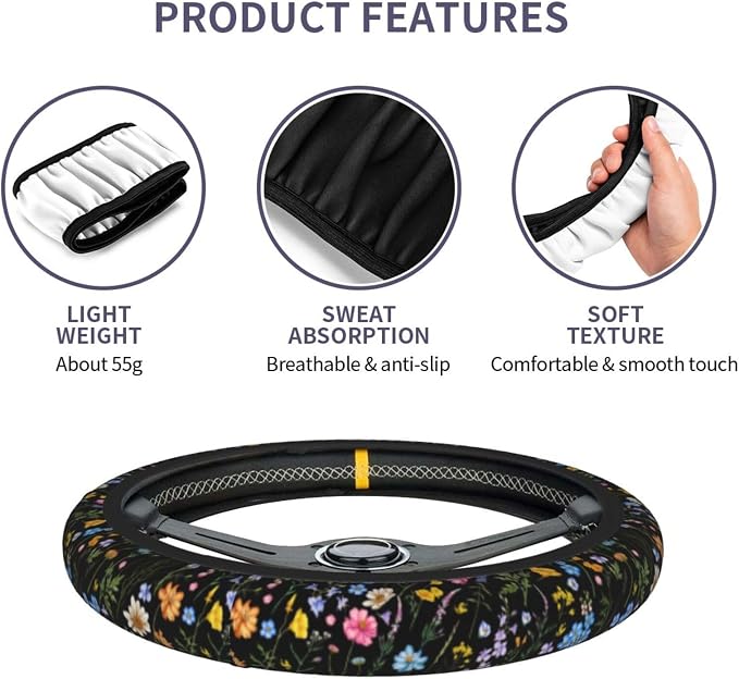 Spring Flower Colorful Leaves Steering Wheel Cover Car Accessories Cute for Women Girls Girly Universal 15 Inch Neoprene Auto Interior Decor Anti Slip Car Truck Protector
