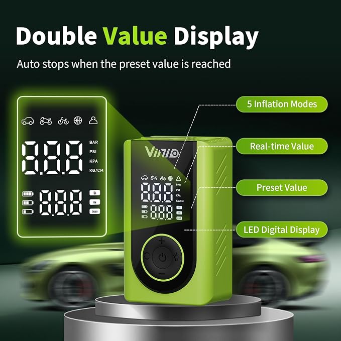 Tire Inflator Portable Air Compressor Cordless, LED Digital Display & Auto Shut-Off, 5 Modes, 150 PSI Air Pump for Car, Balls, Bike, Motorcycle, with Pressure Gauge & Accessories Included, Green