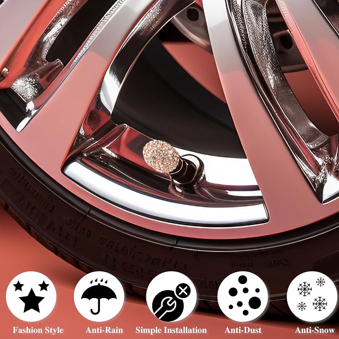 4PCS Bling Crystal Diamond Tire Stem Valve Caps, Dustproof Car Wheel Tire Valve Caps Universal Tire Valve Stem Covers for Cars, SUV, Trucks, Bikes, Motorcycles, Bicycles (Rose Gold)