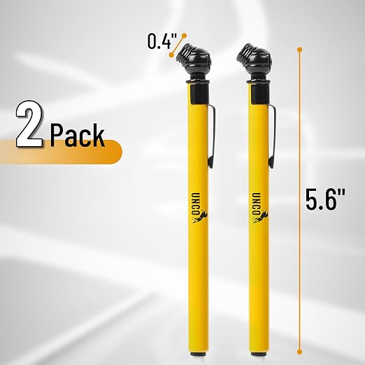 Pencil Tire Pressure Gauge, 2 Pack, 10-75 PSI, Yellow, Stainless Steel Body, Metal Made Nozzle, Rust and Corrosion Resistant, Pencil Air Pressure Gauge for Tires, 3 Measurements for Cars, Bikes