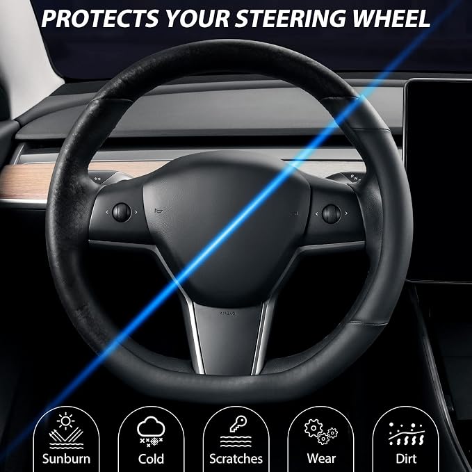 Flat Bottom Steering Wheel Cover, D Shaped Car Wheel Cover 14-14 1/4 in. (35.5-36 cm), for Tesla Model 3 / Y, for Camaro, Black Microfiber Leather