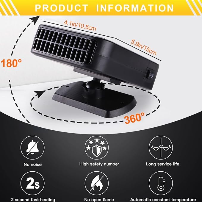 Car Heater & Defroster 12V Portable Car Heaters for Vehicle – 200W Fast Heating & Cooling Fan with 360° Rotatable Base Plug In Windshield Defogger for Car,Truck,SUV,RV | Auto Heater for Winter Driving