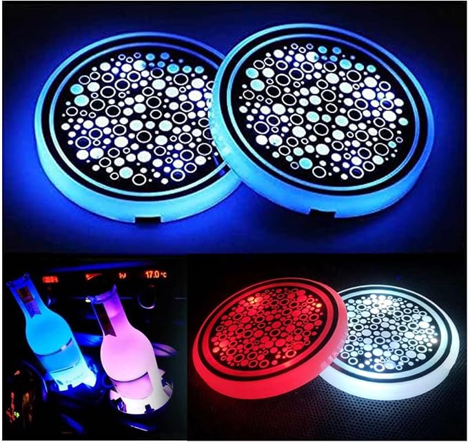 2PCS LED Car Cup Holder Lights, Light up Car Coasters for Cup Holders 7 Color-Changing Light Up Cup Holder Insert Coasters, Waterproof Car Accessories for Teens, Car Gifts for Men & Women