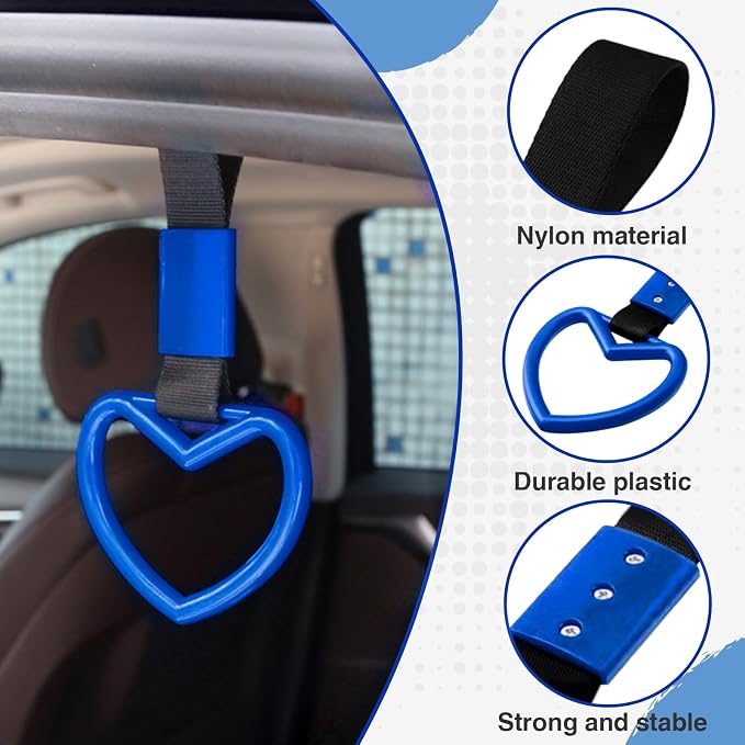 2PCS Heart Shaped Car Handle Straps, Rear Bumper Warning Keychain Ring for Car Exterior Accessories (Blue)
