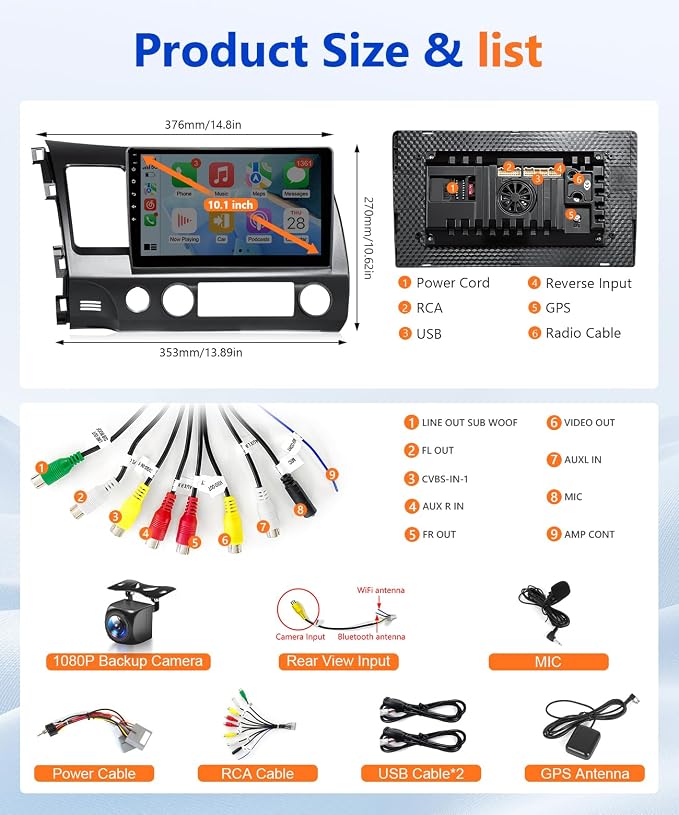 8Core Android Radio for Honda Civic 2006-2011 Wireless Carplay Android Auto, 10.1" IPS Touch Screen for Civic Stereo GPS 5G WiFi FM RDS EQ RDS Mirrorlink SWC, Fit GPS Large Navi Screen