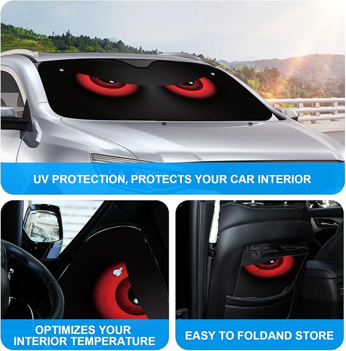 Red Eyes Foldable Windshield Snow Cover, Reflective Accordion Car Windshield Snow Cover, Sun Visor for Car Windshield, Ultimate Heat & UV Protection, Suitable for Most Cars, 57.1" L x 27.6" W