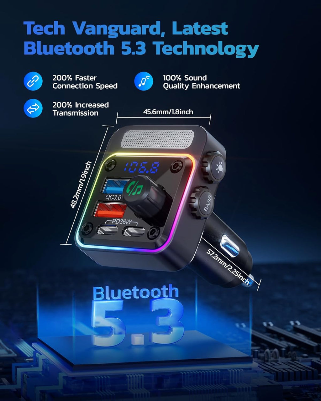 Bluetooth FM Transmitter — 54W Fast-Charge Car Audio Adapter