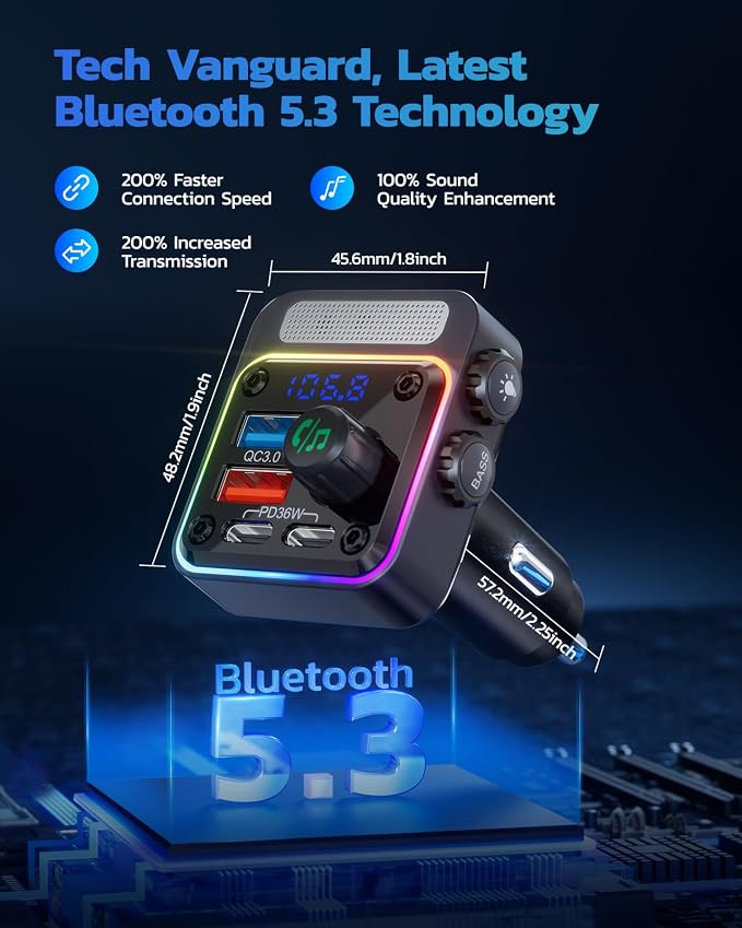 54W Bluetooth 5.3 Car Adapter Charger 4-Port Fast Charging [PD36W & QC3.0 18W], Wireless Radio FM Transmitter with Deep Bass Player, 5 Colors LED Backlit, Hands-Free Calling, Support USB Drive