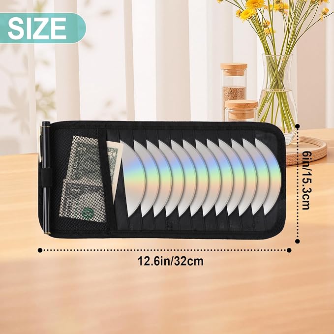 Car CD Holder Visor Organizer, DVD Storage Case for Vehicle Sun Visor, 12 Capacity Disc Holder for CDs/DVDs/Blu-ray, Car Interior Storage Organizer Black