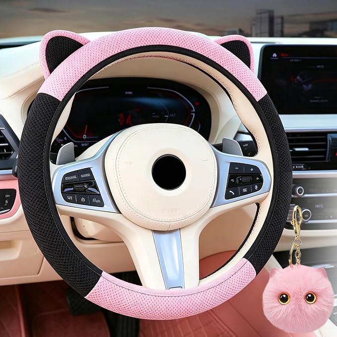 Steering Wheel Cover with Ears Keychain Fit 14-15 inch Black Pink | Cute Ears Car Steering Wheel Covers for Women Girls Elastic Breathable Steering Wheel Protector Accessories Universal Size
