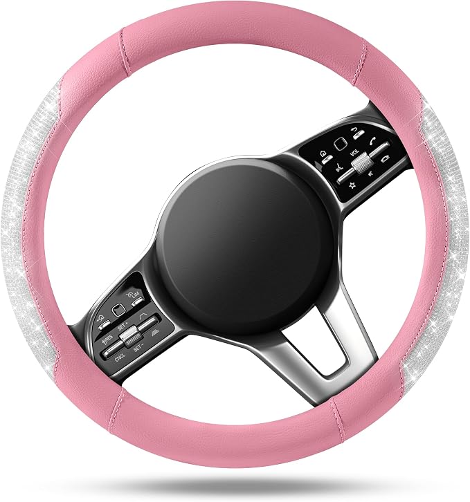 Steering Wheel Cover, Sparkly Crystal Bling Glitter with Pink Leather, Universal Fit 14.5"-15.5" Car Steering Wheels for Girls & Women, Breathable Anti-Slip Steering Wheels Cover