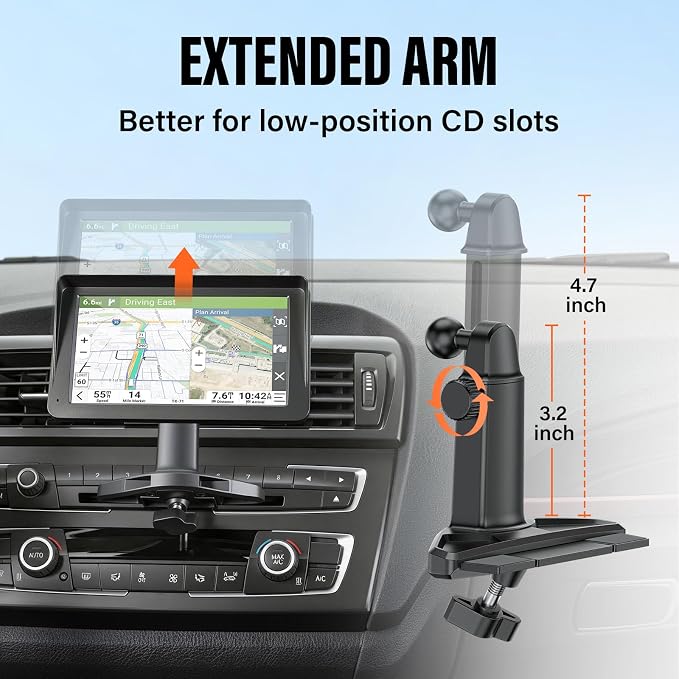 Car CD Slot Mount for Apple CarPlay Screen & GPS, Universal 17mm Ball Joint CD Player Mount, Adjustable Extended Arm, Tool-Free Installation, Stable CD Holder for CarPlay Displays & Navigation