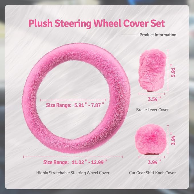Fluffy Steering Wheel Cover 3PCS Set – Plush Fuzzy Fur Steering Wheel Cover with Gear Shift Cover & Handbrake Cover, Winter Warm Car Accessories, Car Interior Accessories for Women (Pink)