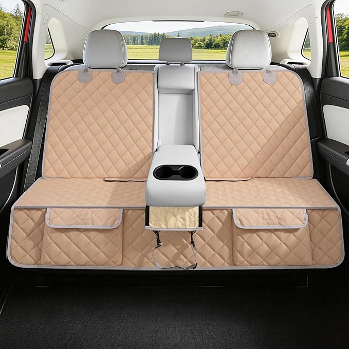Dog Car Seat Cover for Back Seat,Armrest Compatible, Waterproof Backseat Protector, Nonslip Rear Seat Cover for Dogs & Kids, Universal Size Fits Cars Trucks SUVs (Beige)
