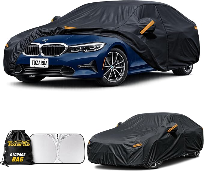 Car Cover Custom Fit for BMW 3 Series Waterproof All Weather,Outdoor Full Exterior Automobiles Snow Covers with Windshield Sun Shade and Breathable Vents,Driver Door Zipper & Storage Bag Black