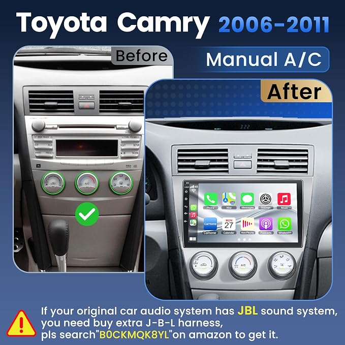 (8Core + 64GB) 10.1 Inch QLED Touch Screen Car Radio for Toyota Camry (2006-2011 with Manual A/C) with Carplay and Android Auto,Android 15 Camry Stereo Support Bluetooth,WiFi,GPS,FM Radio