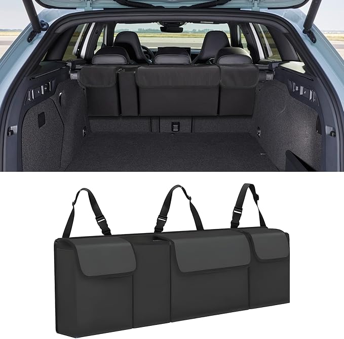 Car Trunk Organizer, Waterproof Collapsible Cargo Bag with 4 Pockets,Backseat Hanging Large Storage with Adjustable Straps, Sturdy Space Saver Frees Trunk Floor for SUV, Truck (Black)