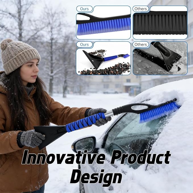 Snow Brush - Ice Scrapers for Car, 27" Detachable Snow Scrapers with Ergonomic Foam Grip for Cars, Trucks, Suvs (Heavy Duty ABS, PVC Brush, Blue)