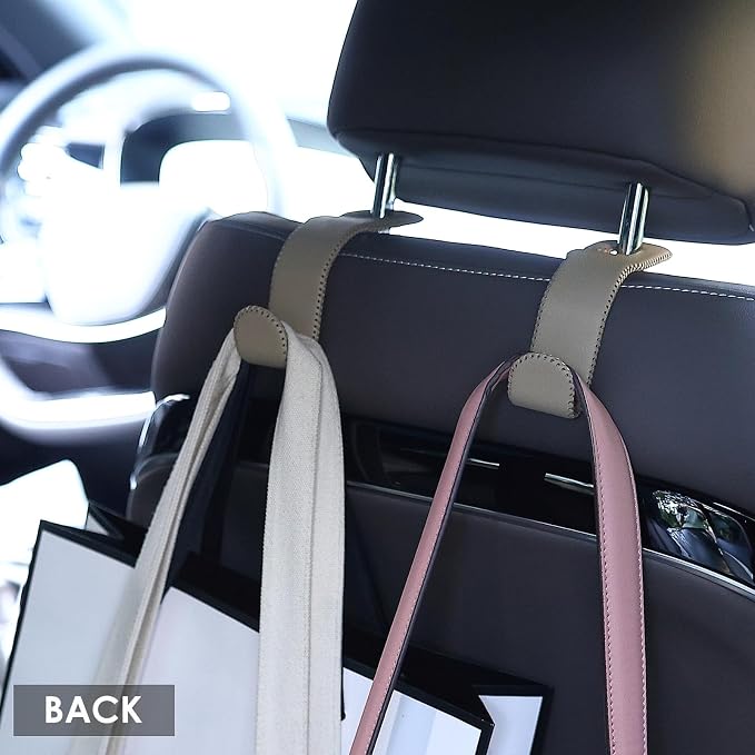 Leather Car Hooks for Headrest - Fully Leather-Wrapped U-Shaped Purse Holder for Car, Flexible Seat Back Organizer & Durable Car Accessories for Purses, Bags, Coats & More (Beige, 2 Pack)