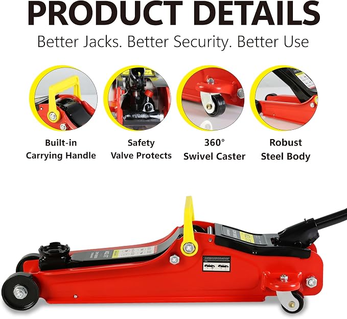 Floor Jack, Professional Heavy Duty Hydraulic Floor Jack, Low Profile Floor Jacks, Steel Racing Floor Jacks w/1 Piston Quick Lift Pump, Lifting 3.3"-15.2" 2 Ton(4400lb) Capacity Red