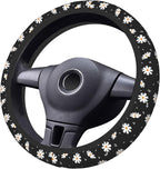 Daisy Floral Steering Wheel Cover Women Girls Cute Flower Car Steering Wheel Cover Black Anti-Slip Soft Neoprene Auto Accessories Interior Decor Protector Covers Gifts Elastic Universal 15 Inch