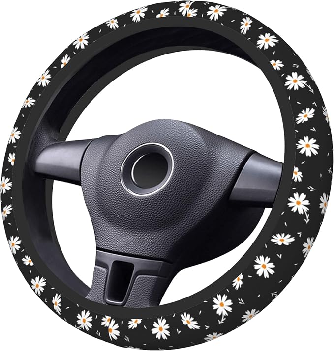 Daisy Floral Steering Wheel Cover Women Girls Cute Flower Car Steering Wheel Cover Black Anti-Slip Soft Neoprene Auto Accessories Interior Decor Protector Covers Gifts Elastic Universal 15 Inch