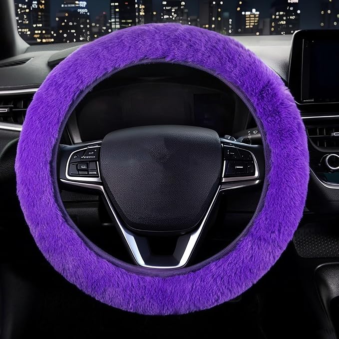 Furry Car Steering Wheel Cover, Heat Absorbing Fluffy Cover, Soft Warm Plush Non-Slip, 14 1/2-15 inch, for Women Girls, Purple