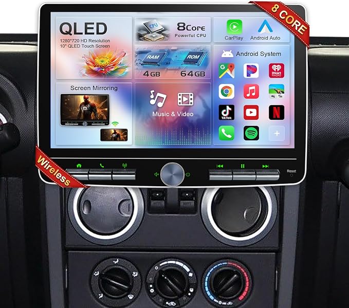 8 Core Car Radio 64G for Jeep Wrangler JK Compass Grand Cherokee Dodge Ram Upgrade Stereo Wireless CarPlay Android Auto,10.1 '' Touchscreen Head Unit Knob Design GPS WiFi AM/FM SWC