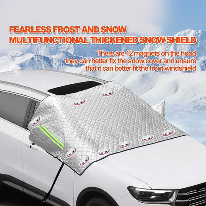 Car Windshield Snow Cover with Side Mirror and Hook, Winter Windshield Sun Shade Foldable, Magnetic Windshield Cover for Ice and Snow, Extra Large Fit for Car/SUV, Pickup truck, 96"x59" Silver