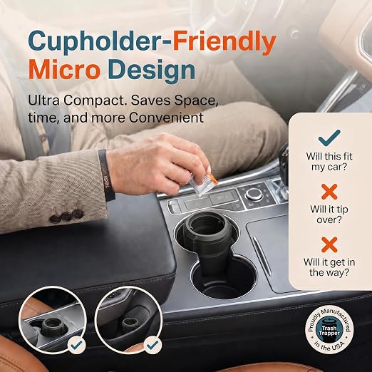 Car Trash Can Cup Holder | Micro Car Trash Can | Fits Flush in Most Cupholders | 3.5" x 3.5" | Traps More & Empties Less, Patent-Pending Compaction, Holds Small Garbage, Black/Black