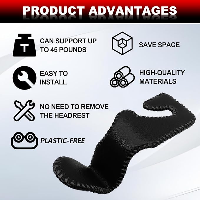 Automotive Universal 2PCS Leather Headrest Hooks, for Car Keep Purses Bags Coats and Groceries Secure Universal Fit for Most Vehicles, Black