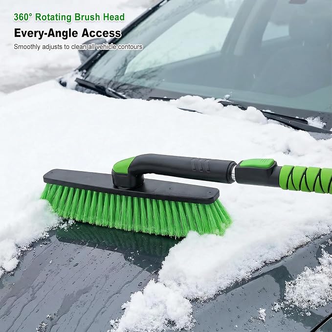 45 Inch Snow Brush with 5.2" Extra Wide Ice Scraper for Car, Extendable Snow Scraper with Foam Grip, 360° Pivoting Brush for SUV Truck Jeep Vehicle Windshield Window - Green