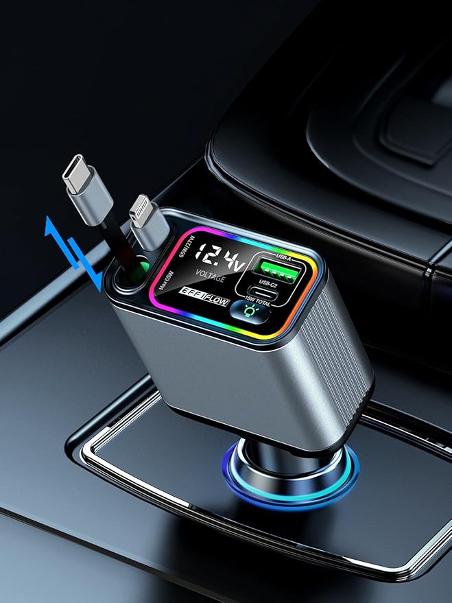 Retractable Car Charger USB C & Lightning, 107W Fast Charging Type-C Car Charger with Built-in Lightning Cable, Compatible with iPhone 17/16/15/Air, Samsung S24/S23/S22, Pixel 9/8/7 - Grey