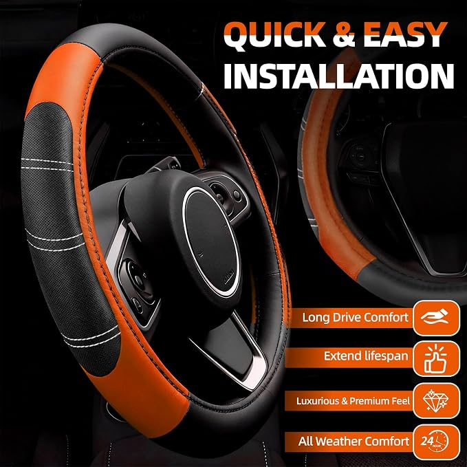 6 Pcs Orange Car Accessories Set, Sport Leather Steering Wheel Cover 14.5-15inch Universal, Microfiber Leather Car Center Console Cover, Seat Belt Cushion, Cup Holder Coaster (Black-Orange)