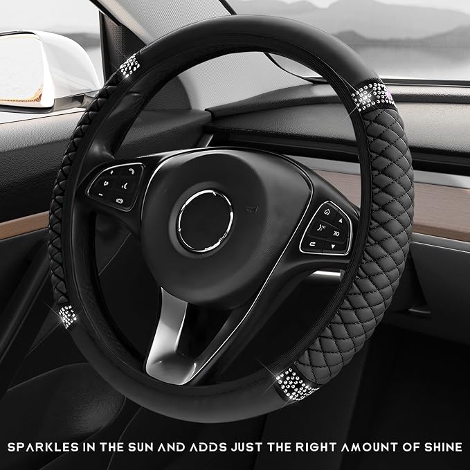 Bling Car Steering Wheel Cover, 15 Inch Sparkly Rhinestone Soft Leather Steering Wheel Protector, Non-Slip Universal Auto Elastic Steering Wheel Covers for Women Girls (Black)