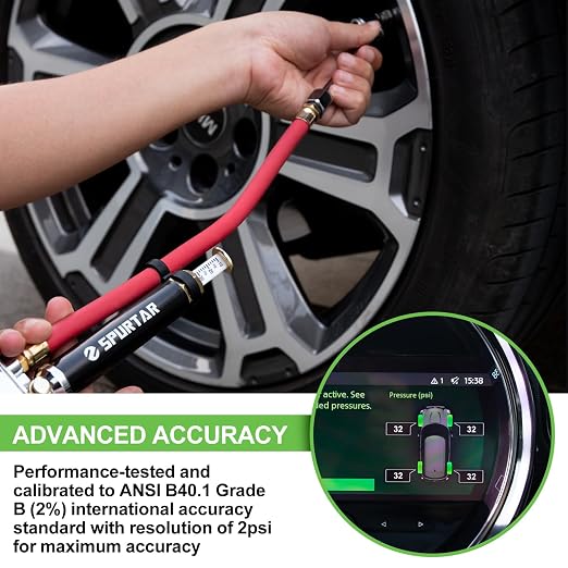 Spurtar 10-120 PSI Tire Pressure Gauge with Inflator Heavy Duty | Air Chuck Pressure Gauge with 4 Way Tool Valve Cores Air Compressor Attachments Tire Inflator Nozzle for Car Automotive Truck