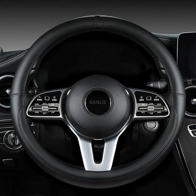 Nappa Leather Steering Wheel Cover, Universal 14.5–15 Inch Non-Slip Breathable Steering Wheel Cover for Car Interior Accessories, Black